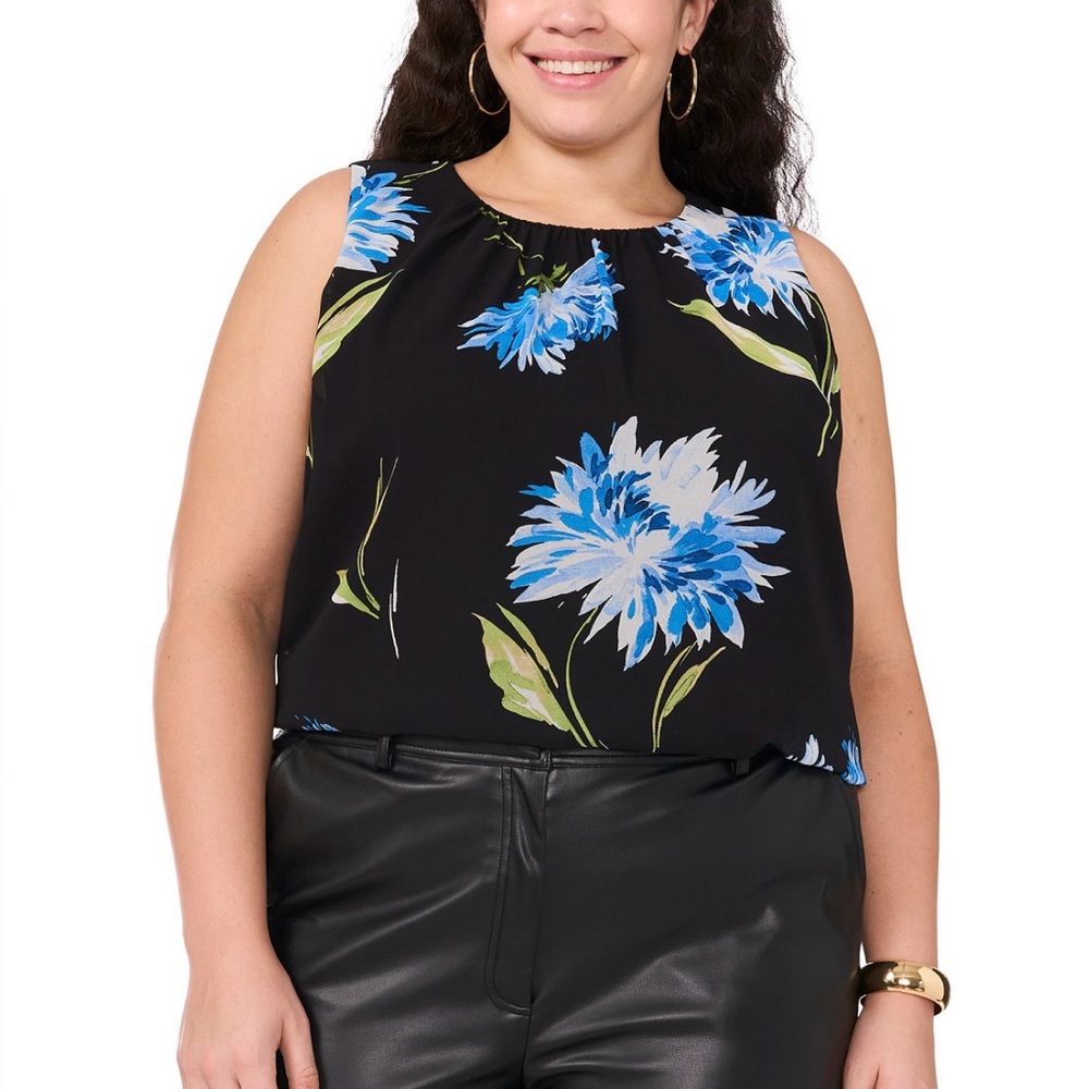 NEW Vince Camuto Plus Size Floral-Print Sleeveless Top, 1X, Rich Black